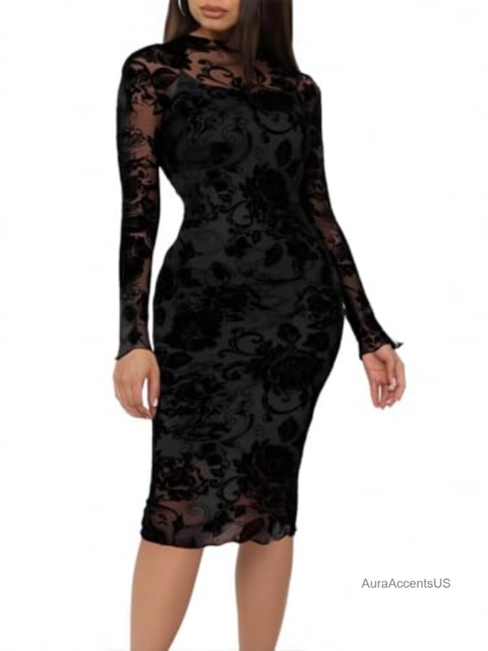 Women's 2 Piece Sheer Mesh Bodycon Midi Dress Set Long Sleeve Mock Neck